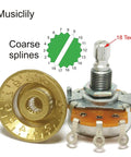 Pro HD A250K and B250K Full Brass 18-Spline Split Shaft Pots for Imported Strat Style Axes and Basses, showing details