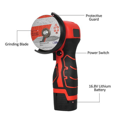 Cordless Angle Grinder 7000 RPM With 16.8V Battery And 76mm Wheels Handled Like A Dream For Cutting Grinding Polishing Tile Stone Or Steel Dang Good Results With Standard Us Plug Included Quickly, featuring a protective guard and grinding blade.