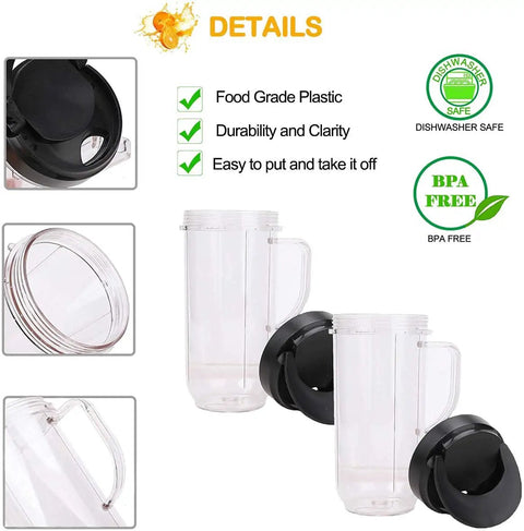 Two Pack 22 Ounce Blender Cups With Flip Top To-Go Lids, Tall Replacement Mugs With Handle For On-The-Go Smoothies And Shakes, Compatible With 250W MB1001 Blenders with BPA-free label and dishwasher safe icons
