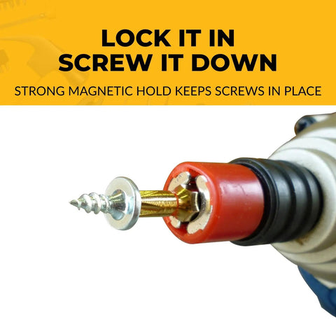 Close-up of TipMag Magnetic Sleeve For Screwdrivers No Fuss Screw Control with a screw held by a high strength magnet