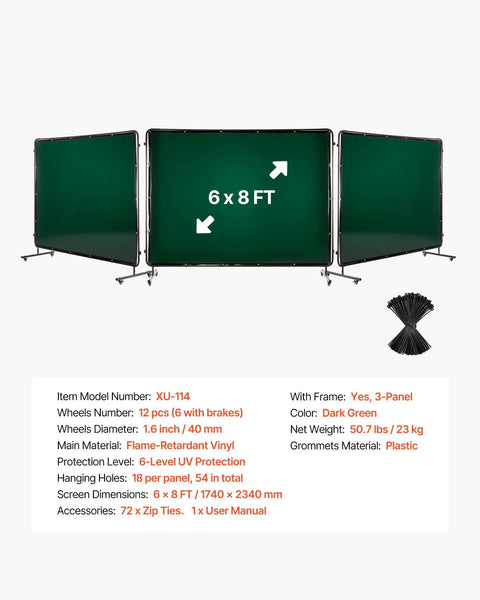 Six By Eight Foot 3-Panel Welding Screen With Frame, Flame-Resistant Vinyl Safety Curtain, 6-Level UV Protection, Dark Green