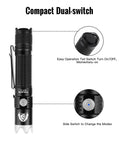 Grab-And-Go Pocket Size USB Rechargeable LED Flashlight with Turbo Mode and 6 Light Levels, dual-switch design shown