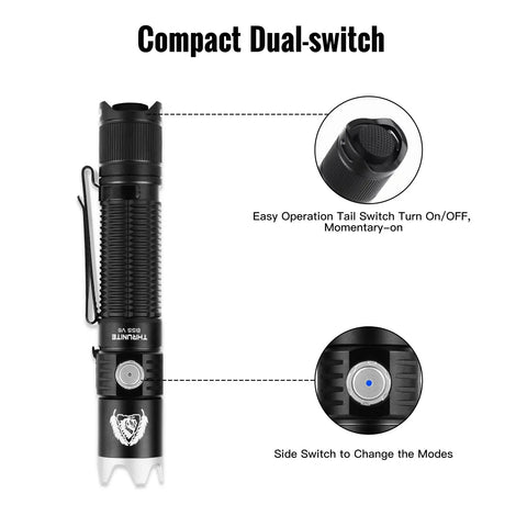 Grab-And-Go Pocket Size USB Rechargeable LED Flashlight with Turbo Mode and 6 Light Levels, dual-switch design shown