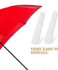 Top Shelf Folding Umbrella Repair Kit With Durable White Plastic Tail Beads And Quick Setup Design For Hassle Free Bone Coverage And Game Changing Weather Defense Slick Replacement Caps next to a red umbrella.