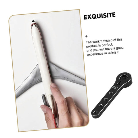 Person holding model airplane with metal steering arm, Metal Steering Arm Kit For RC Airplanes, Red Linkage Rod Upgrade visible