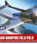 Box art of De Havilland Vampire FB5 FB9 Jet Fighter Model Kit Gift Set 1 48 Scale showing aircraft in flight with RAF markings.