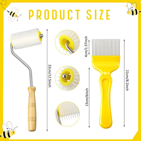 Beekeeping Tools Kit Pro Grade Two Piece Set with 32cm needle roller and 21cm fork, stainless steel handles for beekeeping.