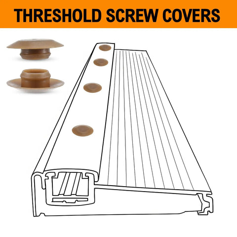 Twenty Piece Light Oak Door Threshold Screw Covers And Adjustable Sill Cap Plugs displayed with a detailed drawing of a door threshold.