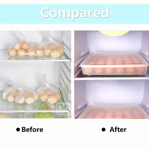 Before and after using Two Pack Large Capacity Deviled Egg Carrier Tray With Lids Holds 60 Eggs Total Clear Plastic Egg Holder in fridge.