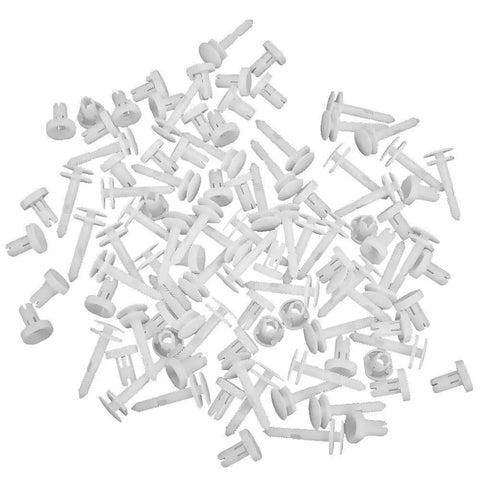 Top Shelf 50 Pcs Car Door Trim Panel Retainer Clips Nylon Bumper Fastener Rivets scattered on white background.