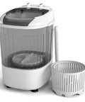 Compact Portable Washing Machine With Separate Spin Tub And Quick Drain Hose, 5.5 Lb Mini Laundry Washer For Apartments Dorms And RV Homes, Grey view with tub and drain hose.