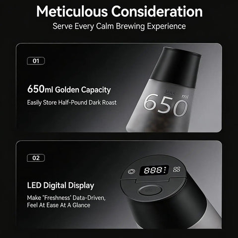 Smart Electric Vacuum Coffee Canister With Bright Digital Screen And Handy Timer, 650ml capacity, LED display for freshness.