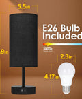 Set Of 2 Bedside Lamps With USB Port, 3 Way Dimmable Touch Control, Black Round Fabric Shade, E26 bulb included, measurements shown.