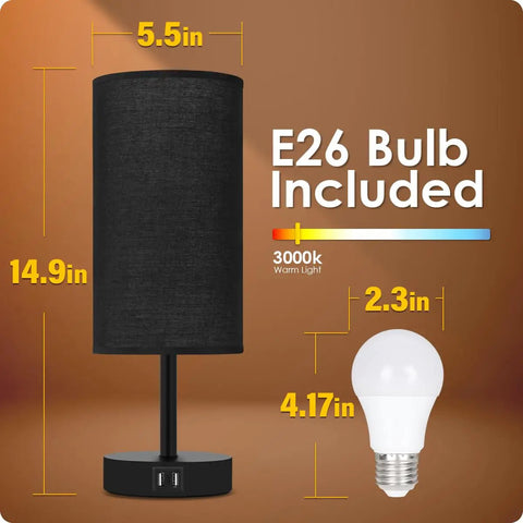 Set Of 2 Bedside Lamps With USB Port, 3 Way Dimmable Touch Control, Black Round Fabric Shade, E26 bulb included, measurements shown.