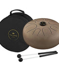 Super Responsive 16 Inch Steel Tongue Drum With Eight Soothing Notes Comes With Pro Grip Mallets And Carry Bag shown with mallets and case.
