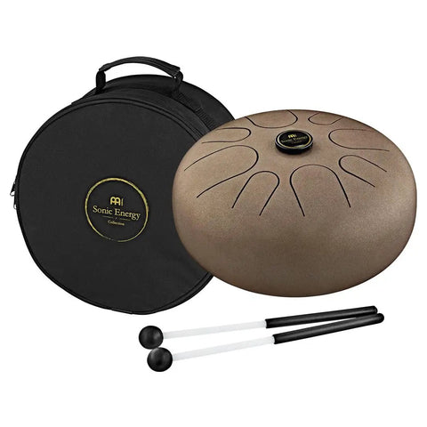 Super Responsive 16 Inch Steel Tongue Drum With Eight Soothing Notes Comes With Pro Grip Mallets And Carry Bag shown with mallets and case.