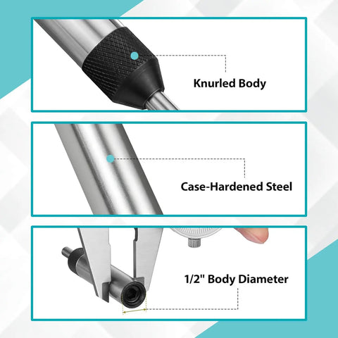 Spring Loaded Tap Guide Center Tool for Lathe and Milling Machines features knurled body, case-hardened steel, 1/2" diameter