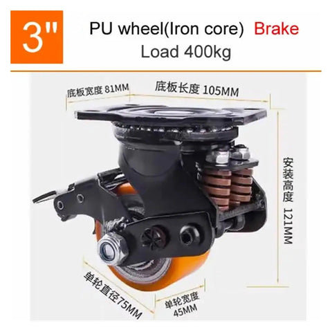 Heavy Duty 3 Inch Silent Damping Universal Caster Wheels Featuring Spring Shock Absorption And Polyurethane Tread For Warehouse Gates, 400kg capacity
