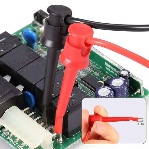 Pro Grade 25 Piece Multimeter Leads Kit With Replaceable Gold Plated Probes in use on circuit board