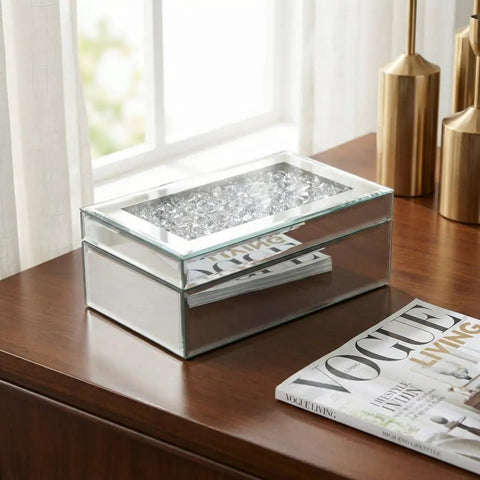Luxury Silver Crushed Diamond Glass Mirrored Jewelry Organizer Box Storage For Rings, Earrings, Necklaces, And Bracelets With Sparkle Shine