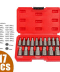 Beefy 17 Piece Screw Extractor Set With Hex Head Remover Tools For Damaged Broken Stripped Screws, shown in red storage case