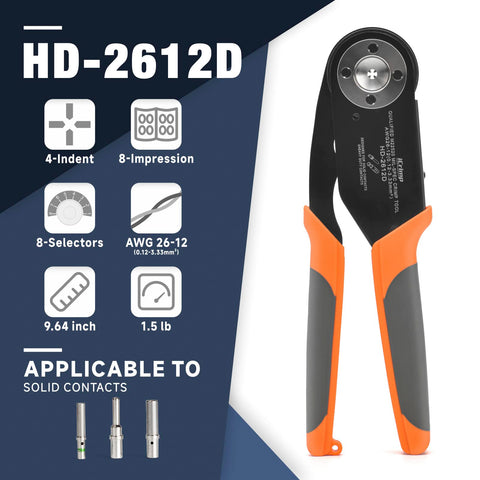 Pro Grade Deutsch Solid Contacts Crimping Tool AWG 26-12 For Size 12 16 20 with 4-Indent 8-Impression crimp and durable handle