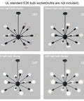 Matte Black Sputnik Chandelier With 12 Lights Adjustable Modern Ceiling Fixture demonstrating bulb displays on/off for dining rooms.