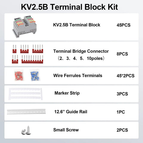 Pro Grade Rail Type Terminal Block Kit with 12.6 Inch DIN Rail Included KV2.5B 600V 32A Quick Wiring Connection layout