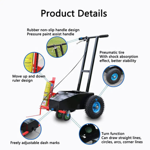 Heavy Duty Hand Push Line Paint Marker Roll Right Along Driveways Without Breaking A Sweat Crisp Stripe Applicator close-up of features including rubber handle, pneumatic tire, ruler design.