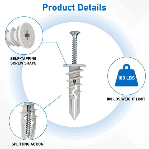 Heavy Duty Self Drilling Drywall Anchors And Screws Kit With 114 Pieces showing self-tapping screw design with 100 lbs weight limit.