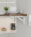 Foldable Stainless Steel Shelf Brackets For Wall Mounts under wooden shelf with dishes, heavy-duty supports visible