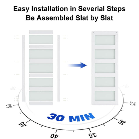 Assembly steps for 34 X 84 Inch Glass Barn Door With 6 Ft Sliding Hardware Kit And Handle showing slat-by-slat installation in 30 mins
