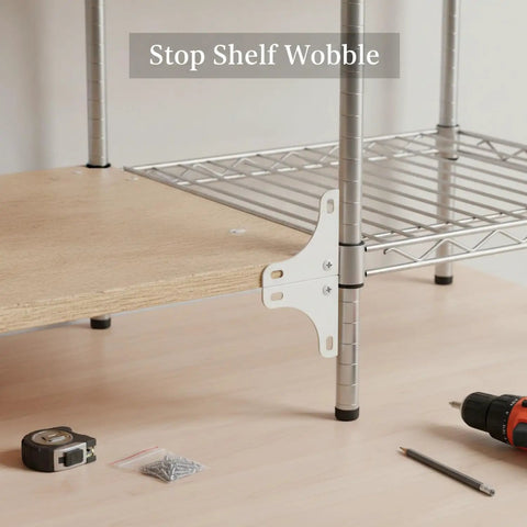 Heavy Duty White Steel Triangular Corner Bracket Delivers Badass Stability For Shelf Reinforcement Supports wire rack at 90-degree joint.