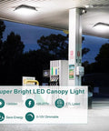LED Canopy Light 100W Square 10x10 Inches, Gas Station Style illuminated at night, showcasing outdoor installation