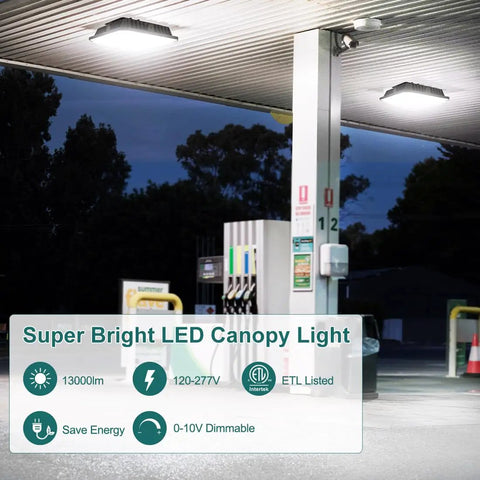 LED Canopy Light 100W Square 10x10 Inches, Gas Station Style illuminated at night, showcasing outdoor installation