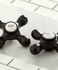 Heritage Widespread Lavatory Faucet In Oil Rubbed Bronze With Metal Cross Handles hot and cold knobs detail on white tiles