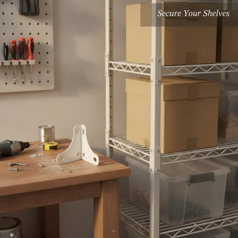 Heavy Duty White Steel Triangular Corner Bracket Delivers Badass Stability For Shelf Reinforcement Anchors Wire Racks Eliminates Janky Wobble On 90 Degree Joints For Reliable Diy Gear on a workbench.