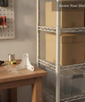 Heavy Duty White Steel Triangular Corner Braces For Wire Shelving on wooden table with storage boxes in background.