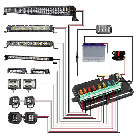 Wiring diagram for 8 Gang Dimmer Switch Panel for Cars Trucks ATVs UTVs and SUVs LED Automatic Dimming Electronic Relay System