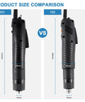 Electric Screwdriver Set With Adjustable Torque Ergonomic Anti Slip Grip size comparison, model 101 vs model 102 with dimensions.