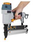 Professional Grade Heavy Duty Pneumatic Air Nailer And Multipurpose Stapler For Furniture Hustle And Woodworking Framing With 16 18 Gauge Knockout Quiet Aluminum Setup held in hand.