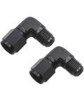 Two black aluminum 90-degree swivel hose fittings with 6AN female to 3/8 barb adapters.