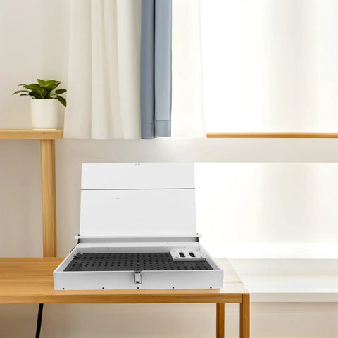 Robust White PVC And Acrylic Model Tool Storage Rack Featuring Multi Compartment Design For Diy Hobbyists on a wooden desk.