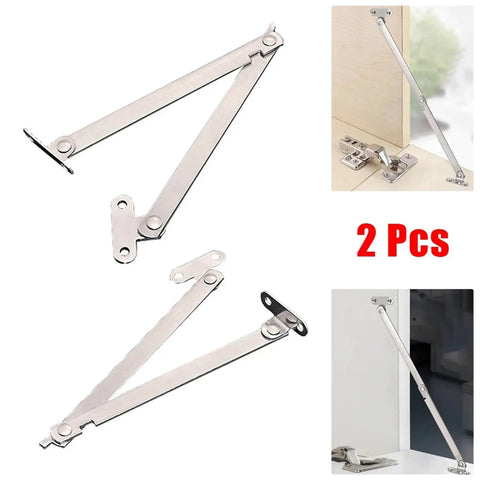 Sturdy Stainless Steel Door Stay Hinges Set, 2 Pack for windows and cabinets, shown with two fold lift up rods and vertical display pull.