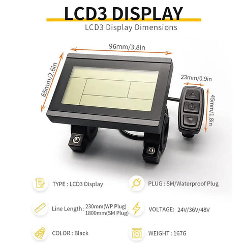 KT LCD3 Electric Bike Display Meter With Waterproof Plug dimensions and details