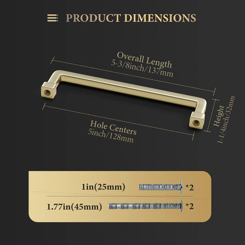 Product dimensions of Gold 5 Inch Square Cabinet Handles 6 Pack Zinc Alloy Drawer Pulls for Dresser Kitchen Cupboard.