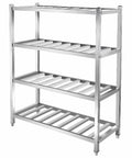Heavy Duty Stainless Steel Shelving Unit Rock Solid Workhorse For Kitchen Garage Commercial Storage Adjustable Four Tier Metal Rack with slatted shelves.