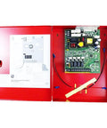 Rock Solid Distributed Power Module For Fire Alarm Panels Model 5496 with Sbus Routing inside red metal enclosure and wiring.
