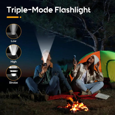 Two campers use Dual Arc USB Rechargeable Plasma Lighter With LED Battery Indicator by a campfire, showcasing flashlight mode options.