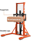 Manual Pallet Stacker With Straddle Legs And Adjustable Forks, 63 Inch Lift Height, 2200 Lb Capacity, Foot Or Handle Operated